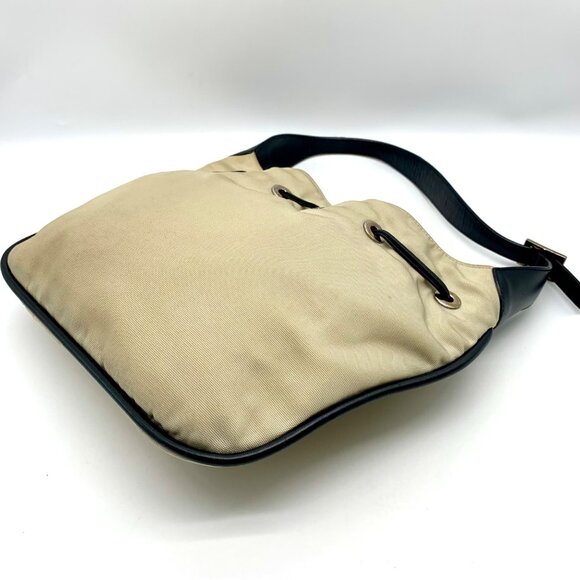 Gucci Beige Nylon and Black Leather Trim Drawstring Shoulder Bag - Picture 8 of 12